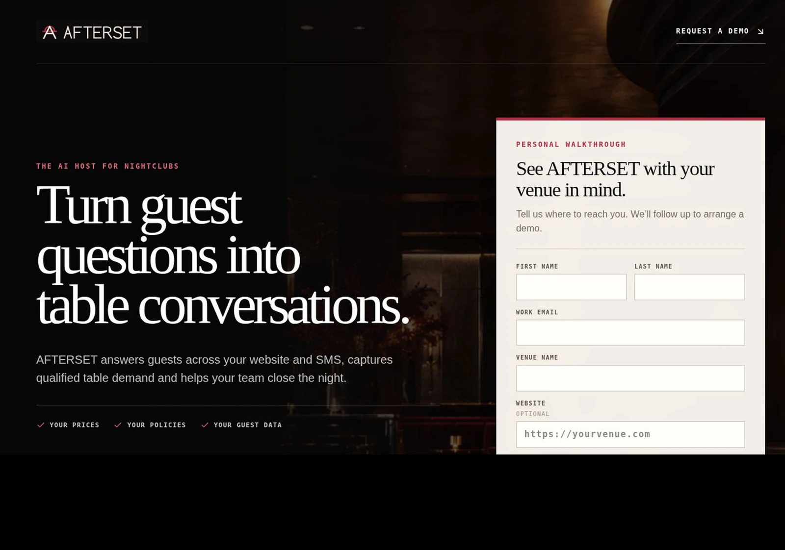 Afterset website hero with nightclub photography, editorial typography and a personal walkthrough form